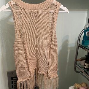 Fringed Knit Sleeveless Top in Beige